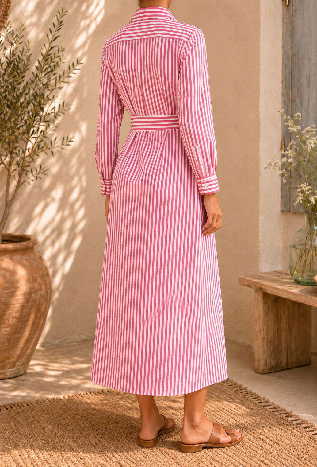 Robe Chemise Rayée - Rose et Blanc