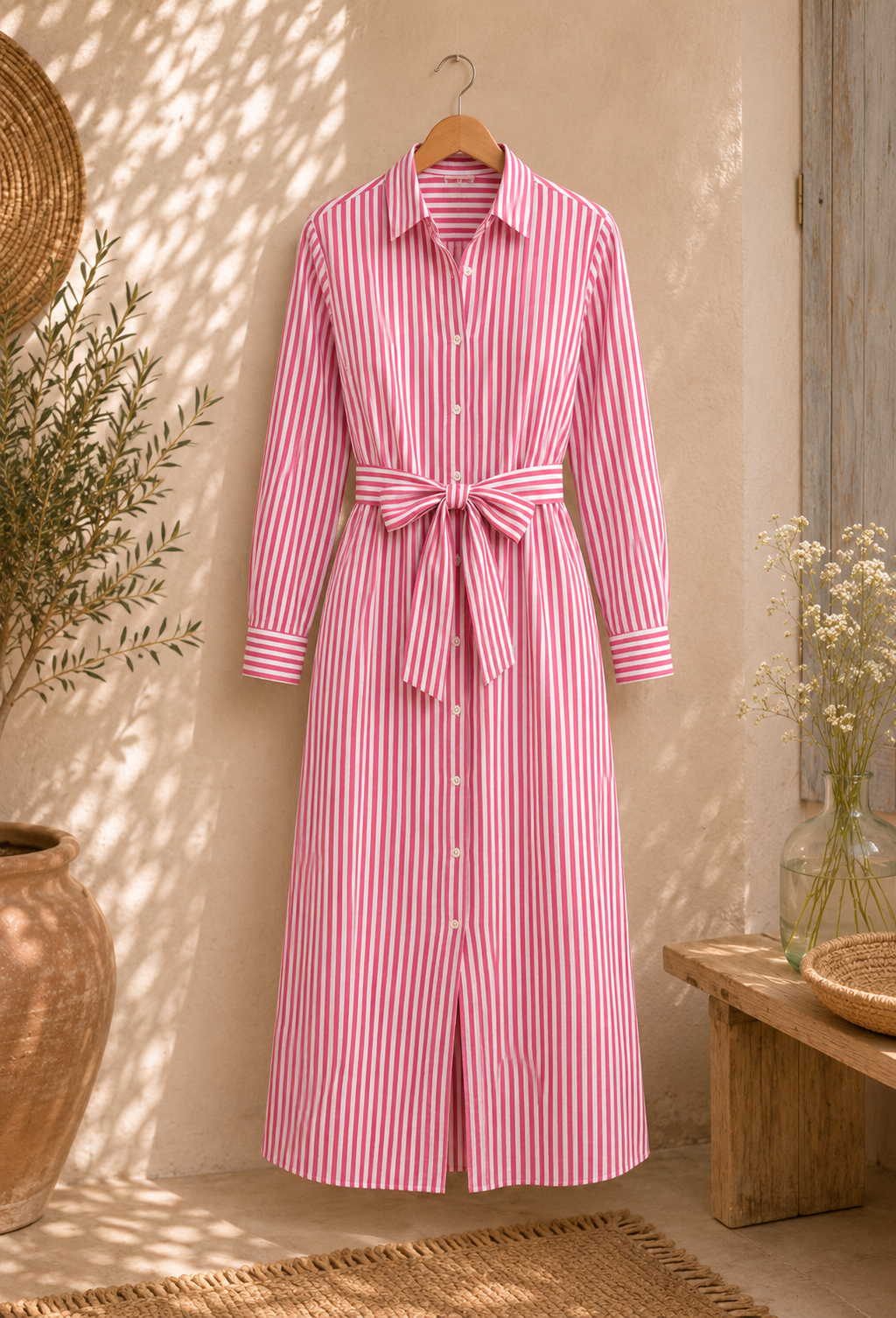 Robe Chemise Rayée - Rose et Blanc
