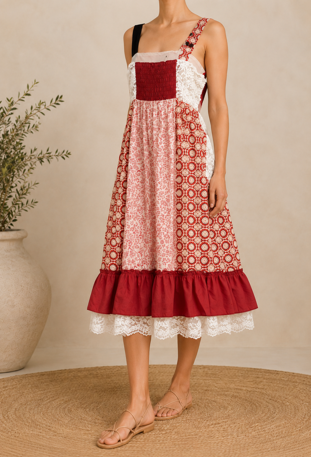 Robe à motifs et dentelle - Rouge