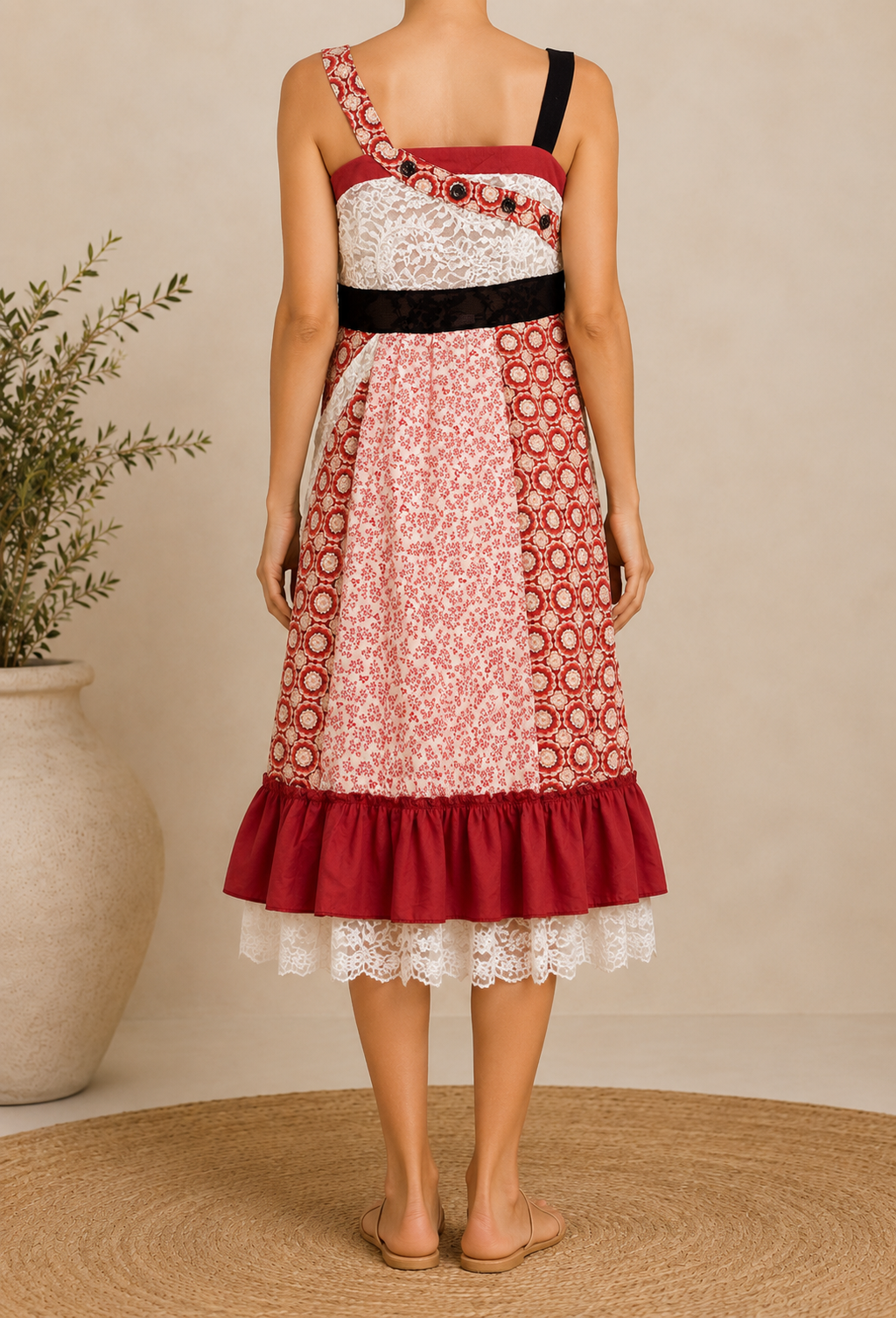 Robe à motifs et dentelle - Rouge
