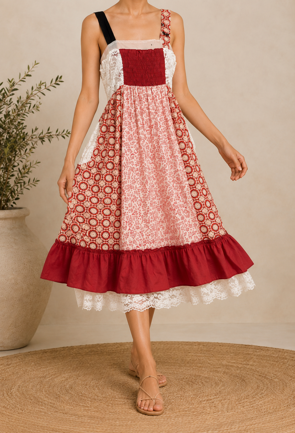 Robe à motifs et dentelle - Rouge