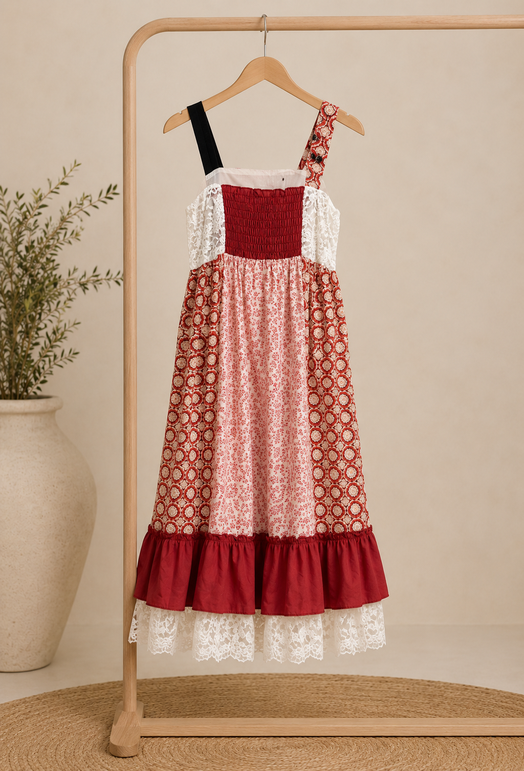 Robe à motifs et dentelle - Rouge