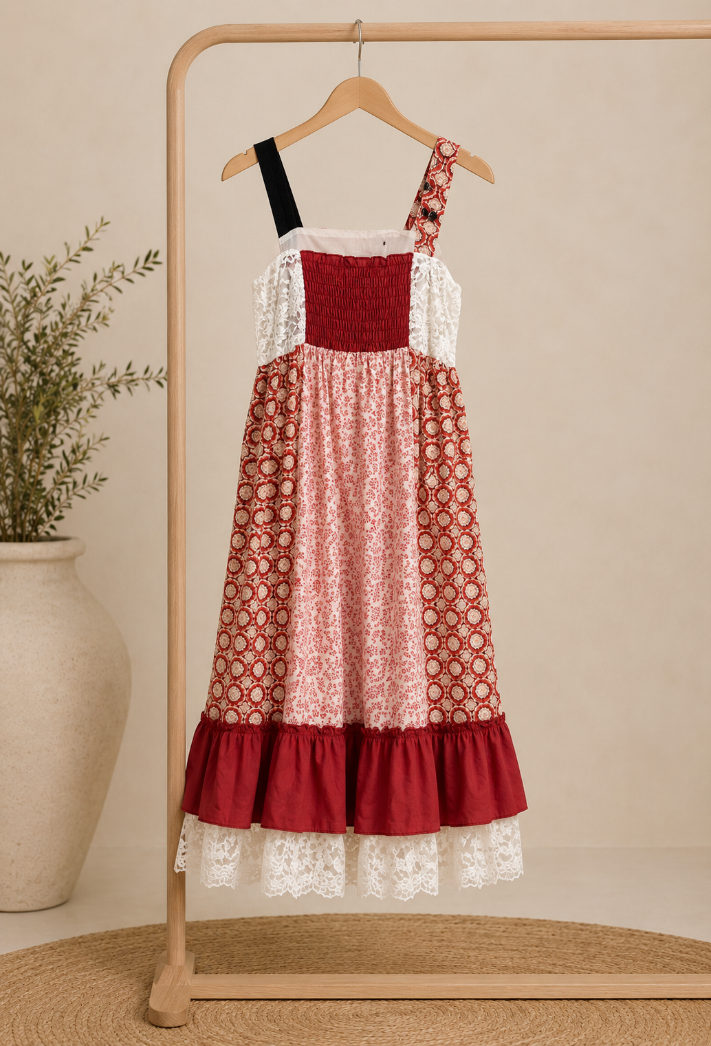 Robe à motifs et dentelle - Rouge