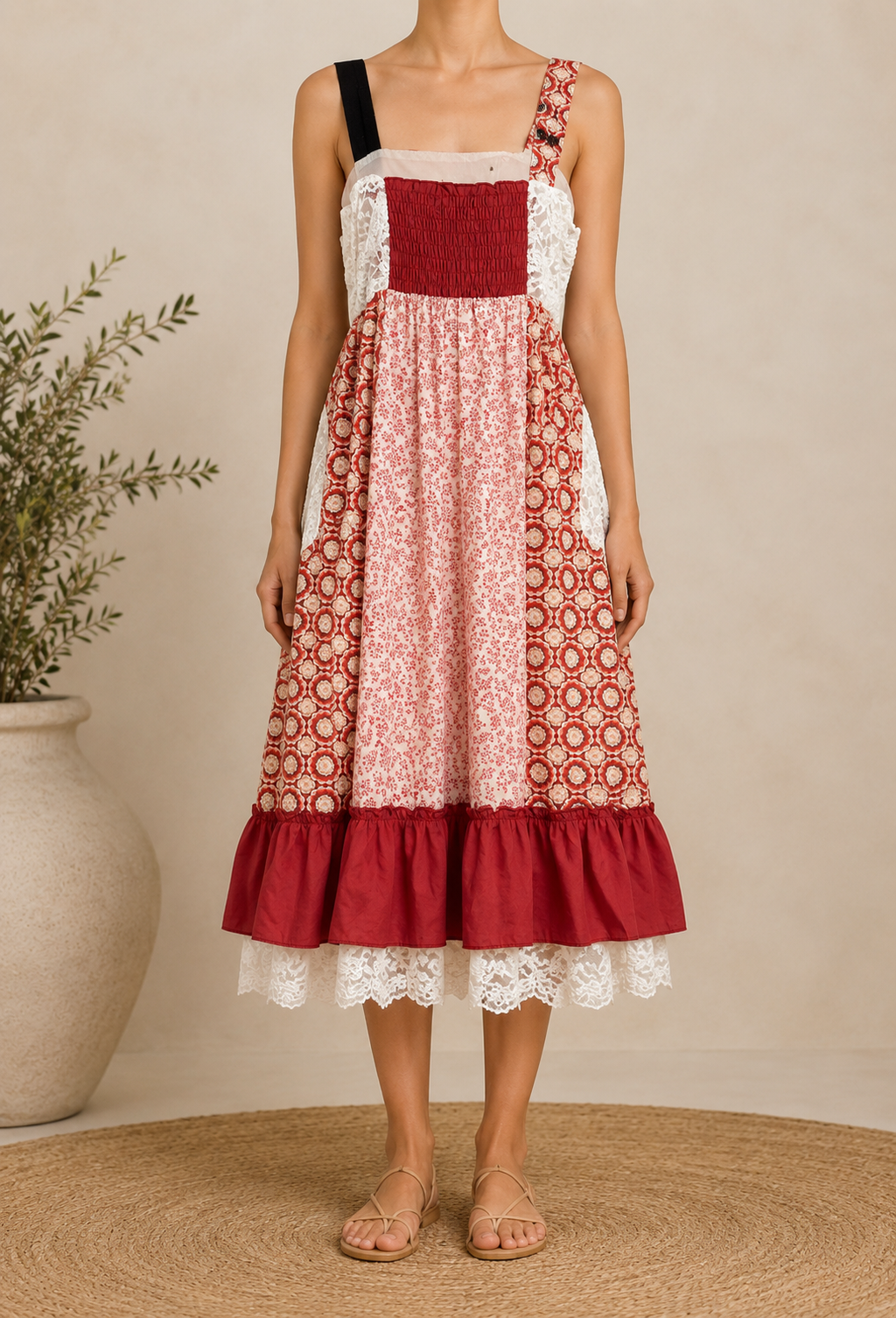 Robe à motifs et dentelle - Rouge